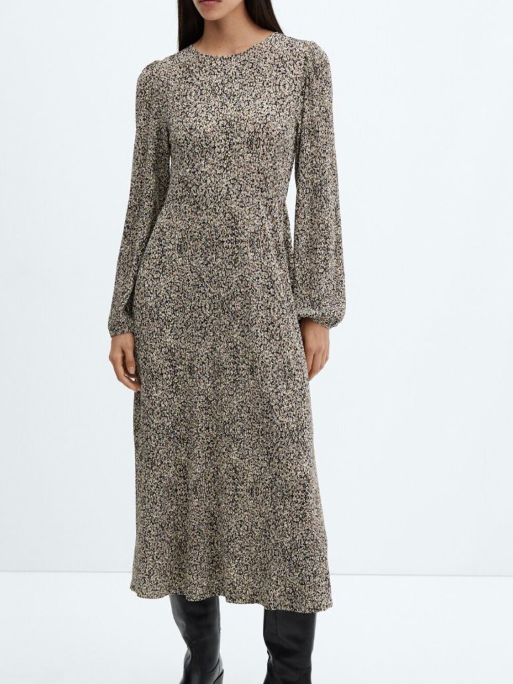 MANGO Midi Dress Smocked Long Sleeve Flowy Boho - Floral Printed Black -Size XXS